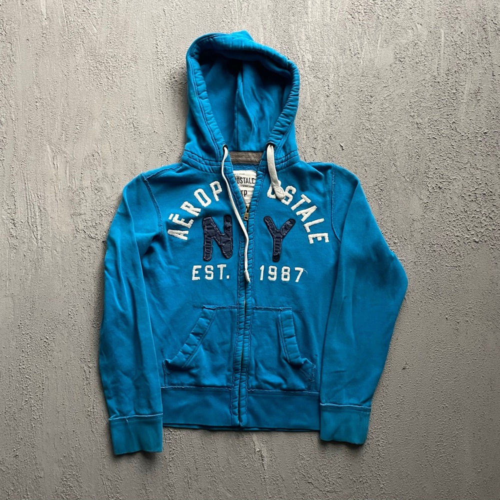 Vintage Aeropostale NY Graphic Zip Up Hoodie Womens Extra Small Blue Y2K 2000s